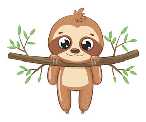 Cute sloth hanging on a tree branch.Cartoon vector illustration.