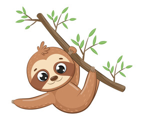 Cute sloth hanging on a tree branch.Cartoon vector illustration. © Arina