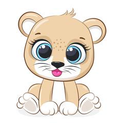 Cute lion sits and smiles.Cartoon vector illustration.