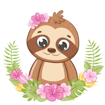 Cute sloth with flowers and a wreath. Vector illustration of a cartoon.