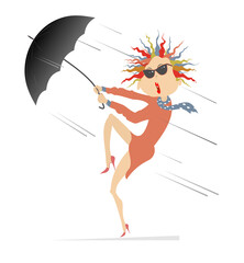 Windy day and young woman with umbrella illustration. Young woman in sunglasses with an umbrella stays on the strong wind isolated on white