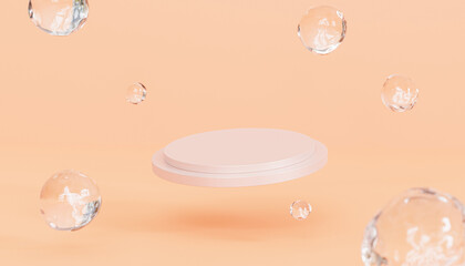 Beige podium or pedestal for products or advertising on pastel peach colored background, 3d render