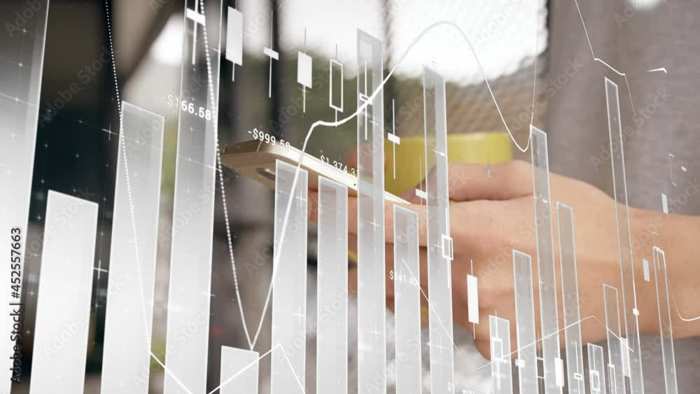 Poster animation of statistics and data processing over man using smartphone