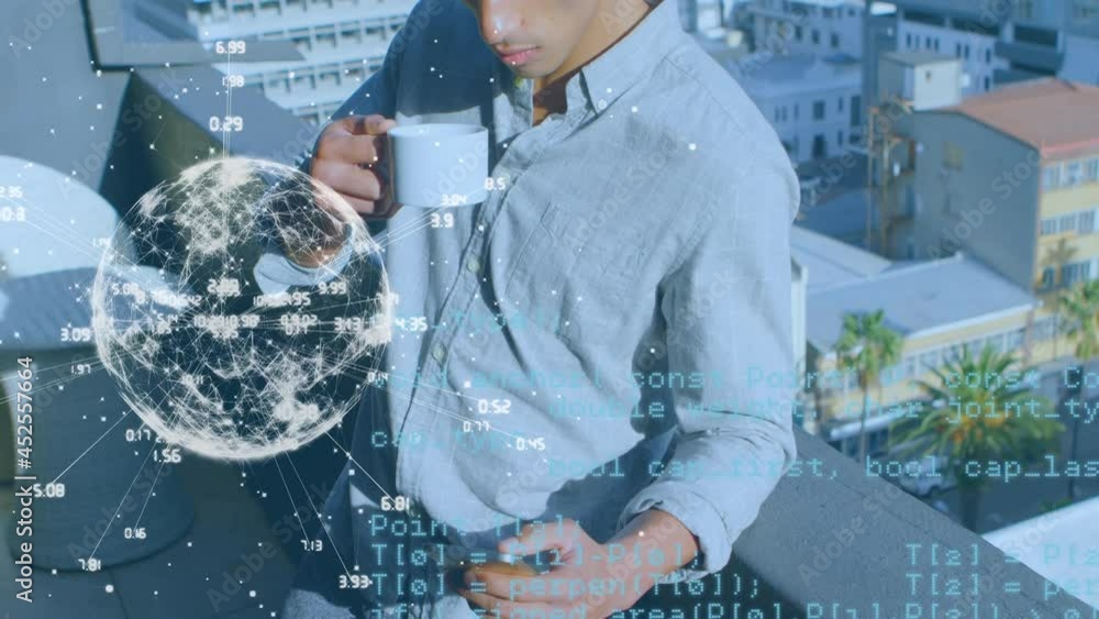 Poster animation of globe of connections and data processing over man using smartphone