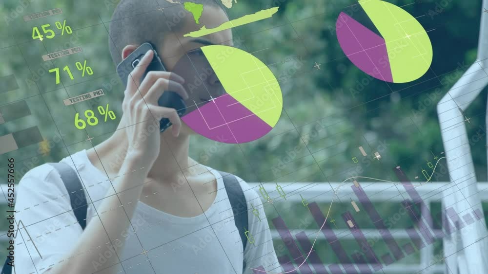Poster animation of statistics and data processing over man using smartphone