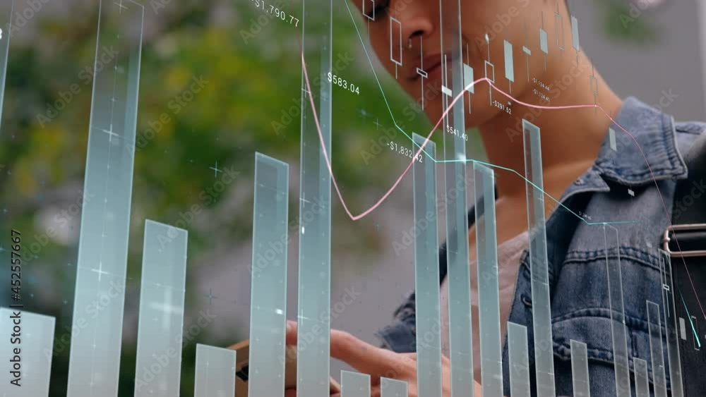 Poster animation of statistics and data processing over man using smartphone