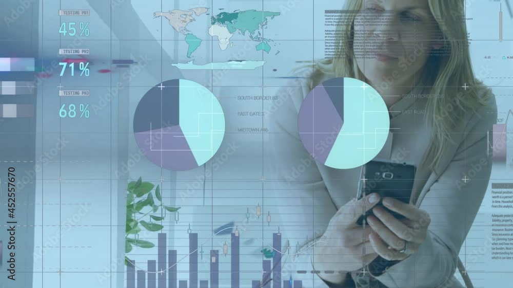Poster animation of statistics and data processing over woman using smartphone