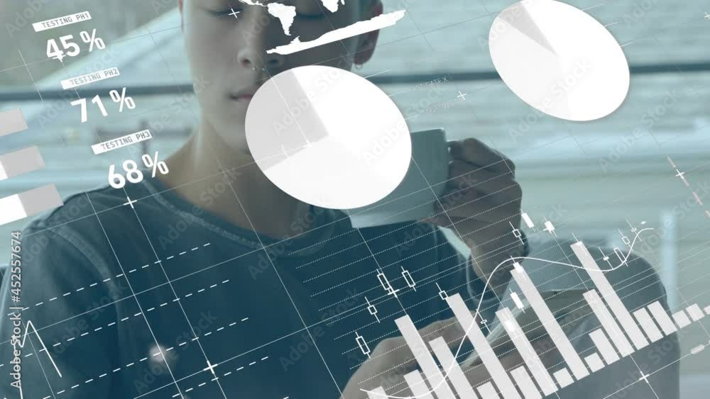 Poster animation of statistics and data processing over man using smartphone