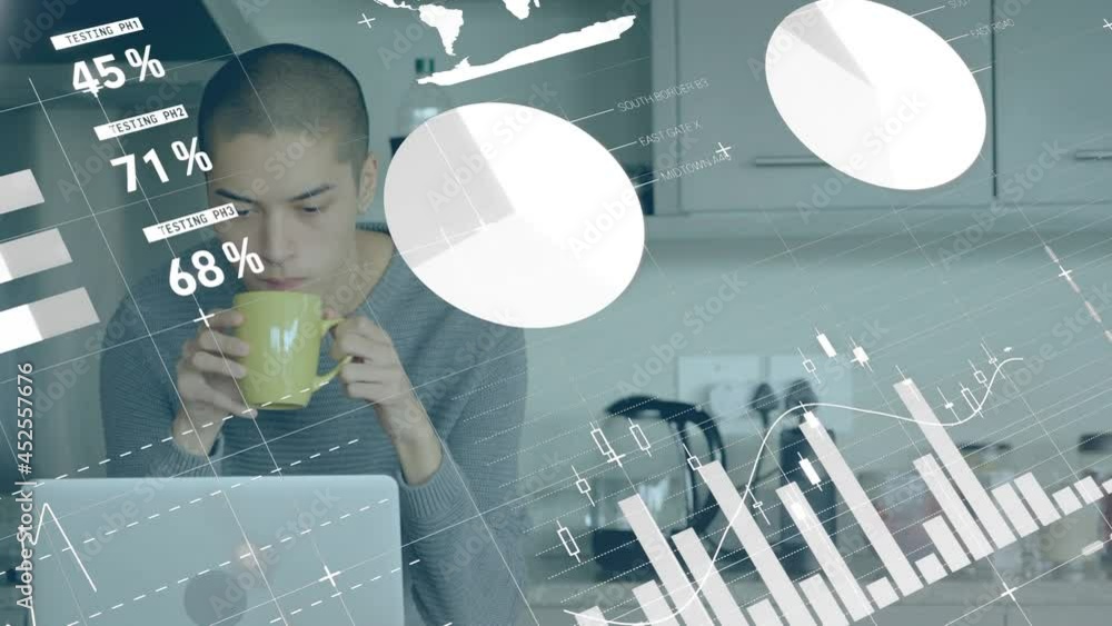 Poster animation of statistics and data processing over man using smartphone