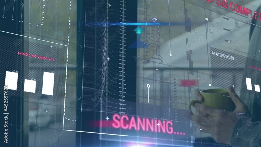 Poster animation of statistics and data processing over man using smartphone
