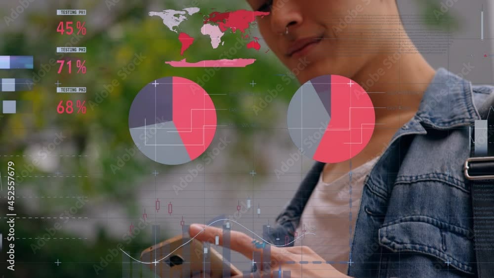 Poster animation of statistics and data processing over man using smartphone