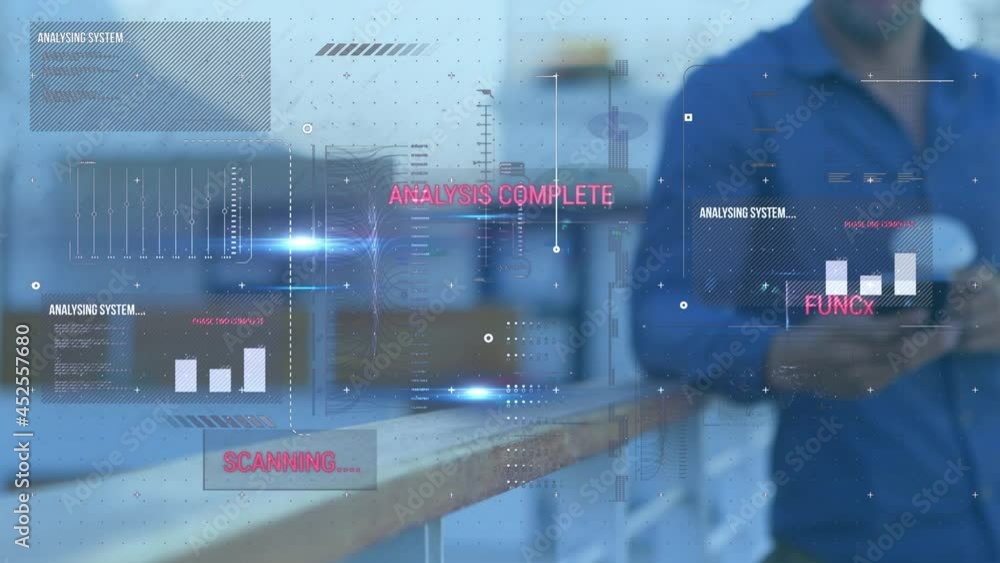 Poster animation of statistics and data processing over man using smartphone