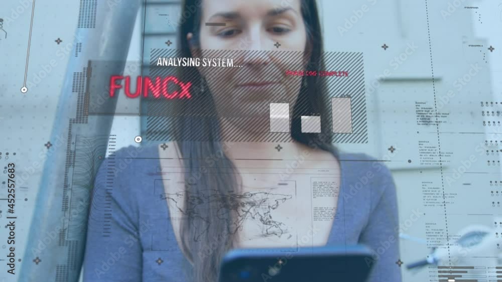 Poster animation of statistics and data processing over woman using smartphone
