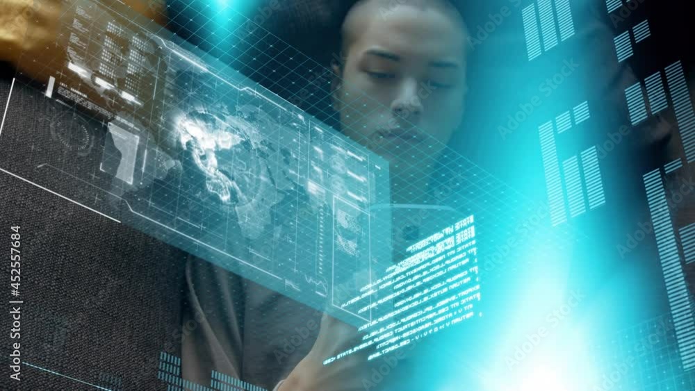 Poster animation of statistics and data processing over man using smartphone