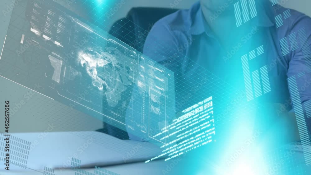 Poster animation of statistics and data processing over man using smartphone