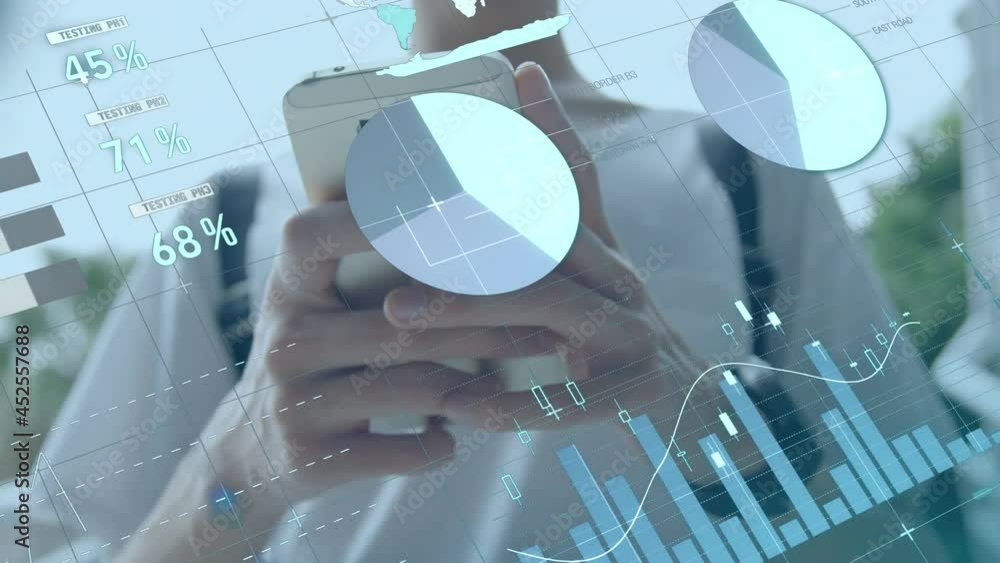 Poster animation of statistics and data processing over man using smartphone