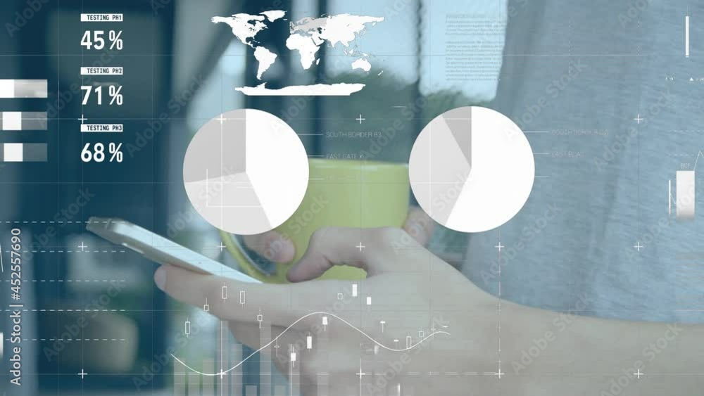 Poster animation of statistics and data processing over man using smartphone