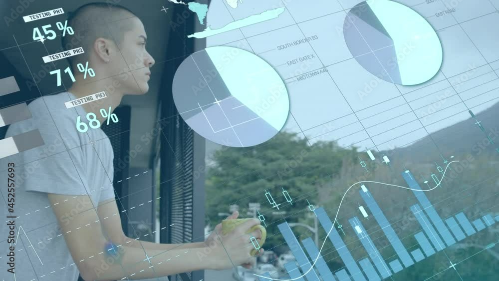 Poster animation of statistics and data processing over man using smartphone