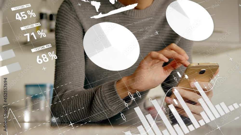 Poster animation of statistics and data processing over man using smartphone