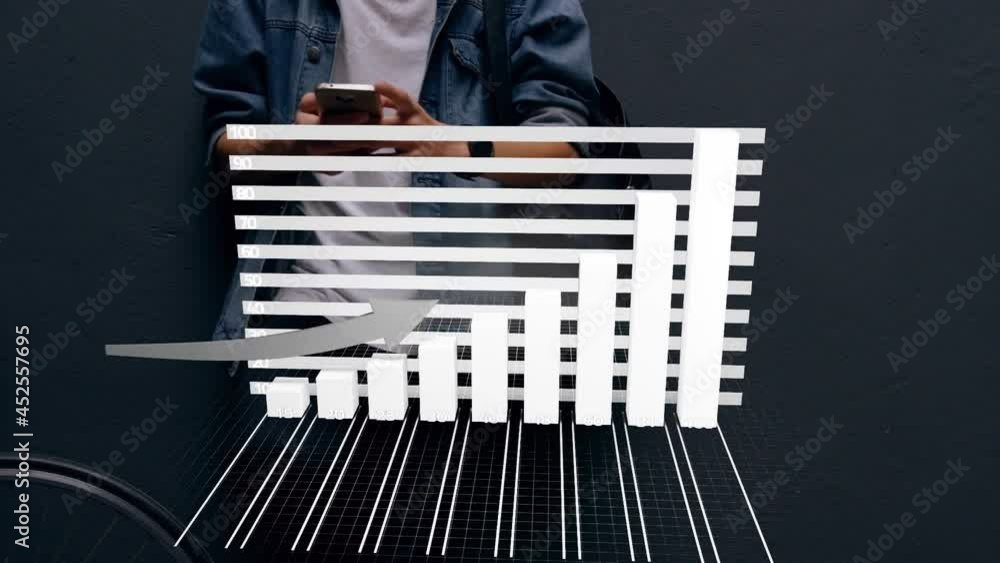 Poster animation of statistics with arrow and data processing over man using smartphone