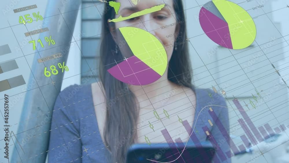 Poster animation of statistics and data processing over woman using smartphone