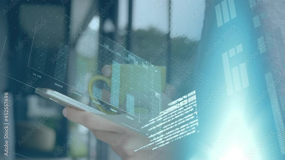 Poster animation of statistics and data processing over man using smartphone