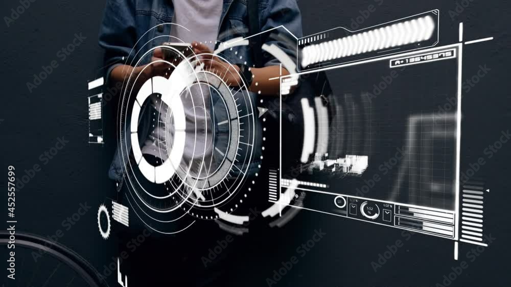 Poster animation of statistics and data processing over man using smartphone