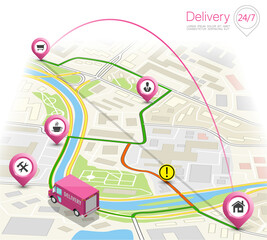 Delivery navigation route, City map point marker isometric delivery van, schema itinerary delivery car, city plan GPS navigation itinerary destination arrow city map Route check point business graphic