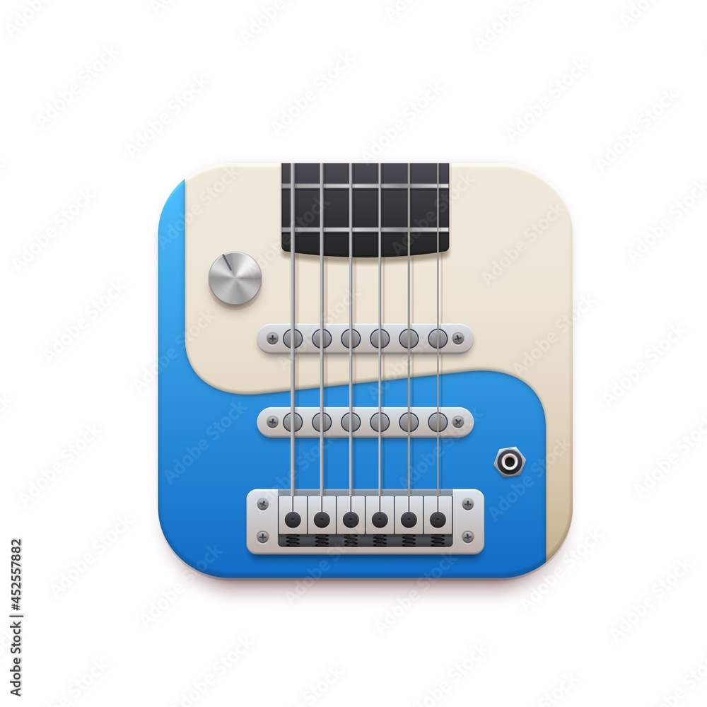 Poster Electric guitar music app interface, 3d vector design element, instrument with strings and tuner isolated on white background. Icon for audio player app, ui graphic for mobile application or website