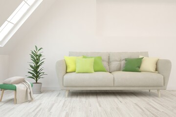 White living room with sofa. Scandinavian interior design. 3D illustration