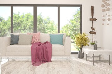 White living room with sofa and summer landscape in window. Scandinavian interior design. 3D illustration