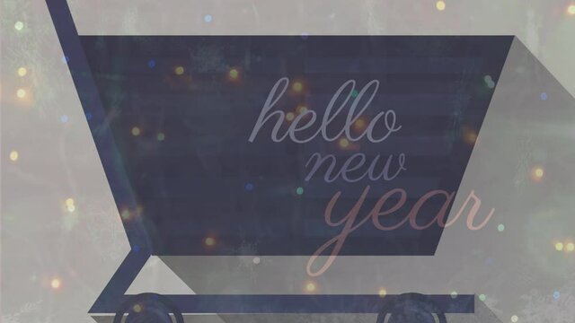 Animation of hello new year text over colorful lights