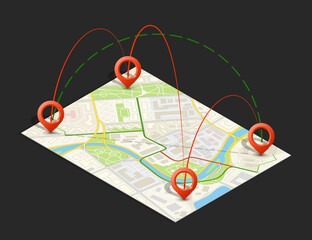Isometric city map business infographic navigation, flat isometry point markers schema, 3D simple city plan GPS navigation, final destination arrow paper city map. Route delivery check point graphic