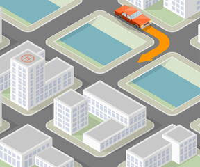 Isometric city map navigation, point markers background, app isometry drawing schema, 3D simple city plan GPS navigation, final destination arrow paper city map. Route delivery check point graphic