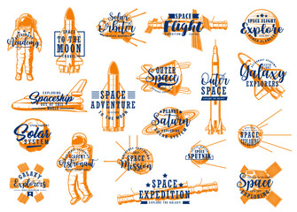 Space rockets, spaceman galaxy expedition to planets of solar system, vector lettering icons. Outer space and universe exploration astronauts in spacecraft, space shuttles and orbit satellites - obrazy, fototapety, plakaty