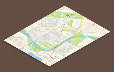 Fototapeta na wymiar Isometric city map, point markers background, 3D simple city plan GPS navigation, final destination arrow paper city map