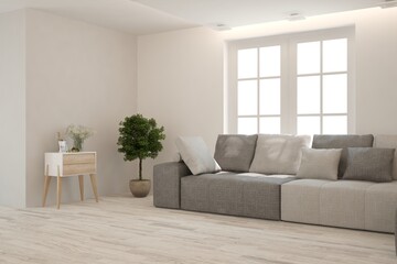 White living room with sofa. Scandinavian interior design. 3D illustration