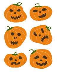 Set of simple shapes Halloween color pumpkins. Flat style scary fear orange pumpkins with dark eyes and mouth