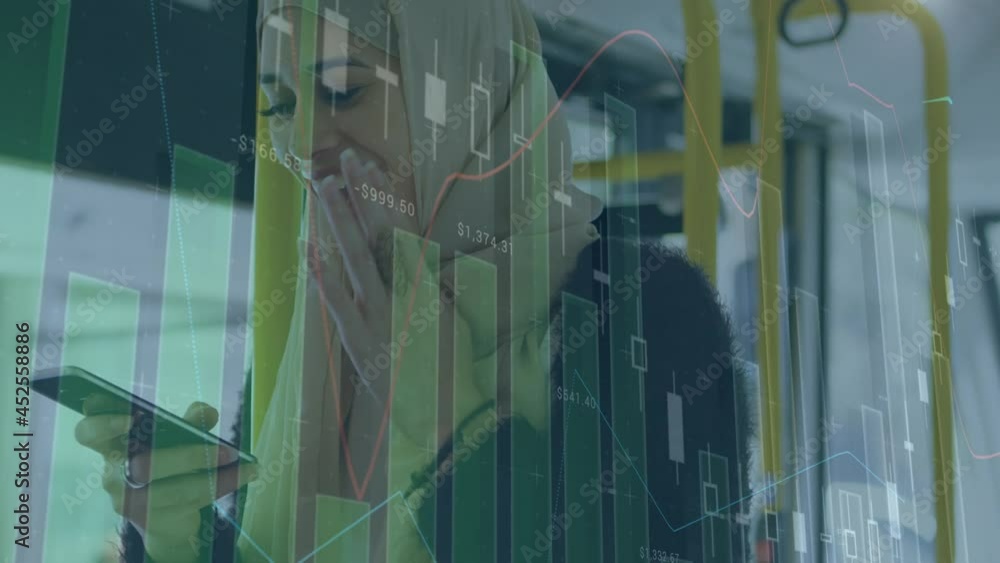 Aufkleber animation of financial data processing over woman in hijab using smartphone