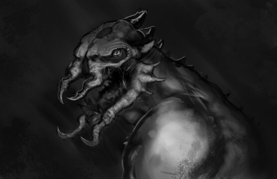 Digital painting of creepy alien creature stalking around in the dark - fantasy illustration