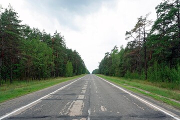 Fototapeta na wymiar An empty road through a pine forest. Potted asphalt. Perspective and horizon. Converging lines.