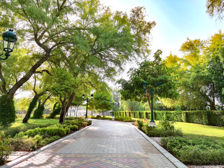 Stock Photo - jogging or walking path in a beautiful park with a green lawn and big trees, no people.