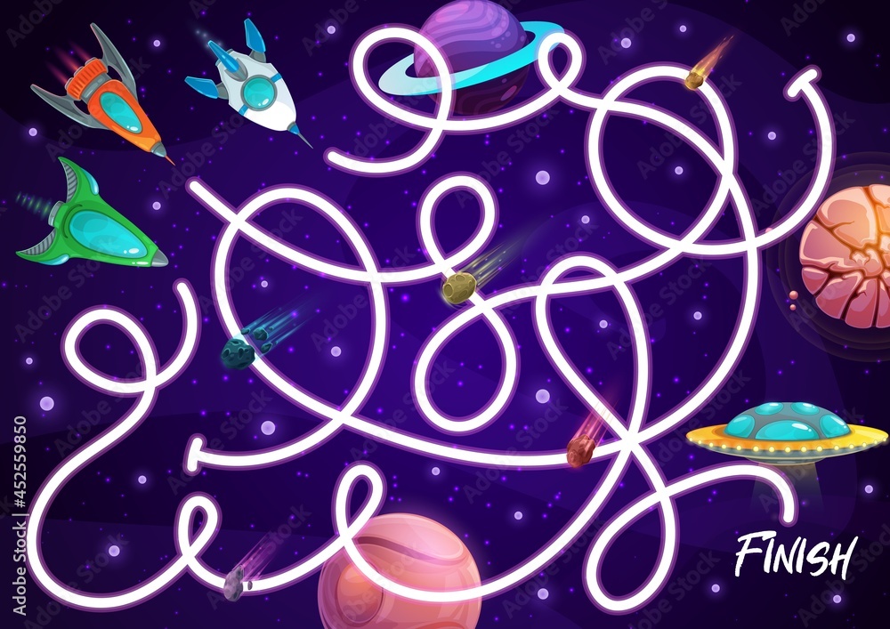 Poster kids labyrinth maze with spaceships, vector board game with rockets and planets in space. boardgame 