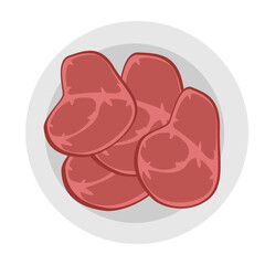 Steaks on a plate. Pieces of beef with veins. Dish for a holiday, party. Vector illusion on a white background.