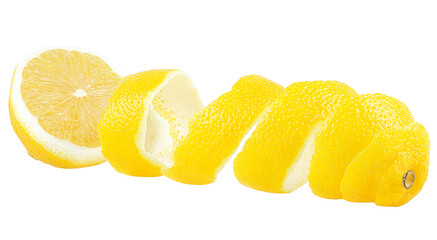 Lemon skin twisted in a spiral isolated on a white background. Lemon fruit with lemon peel.