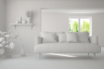 Mock up of stylish room in white color with sofa and green landscape in window. Scandinavian interior design. 3D illustration