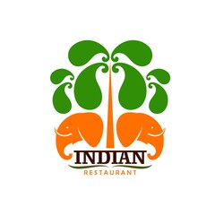 Indian restaurant vector icon with heads of orange elephant and green leaves of palm tree. Spice food of Asia, Indian cuisine ethnic restaurant, vegan cafe or bar isolated symbol and emblem design