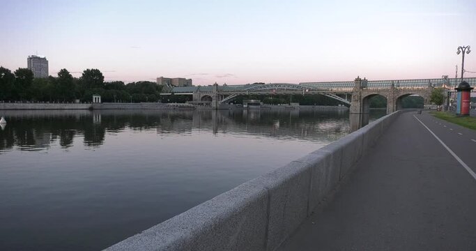 4K summer morning video of Moskva River bridges and river embankments near Gorky Park in Moscow city center, Russia