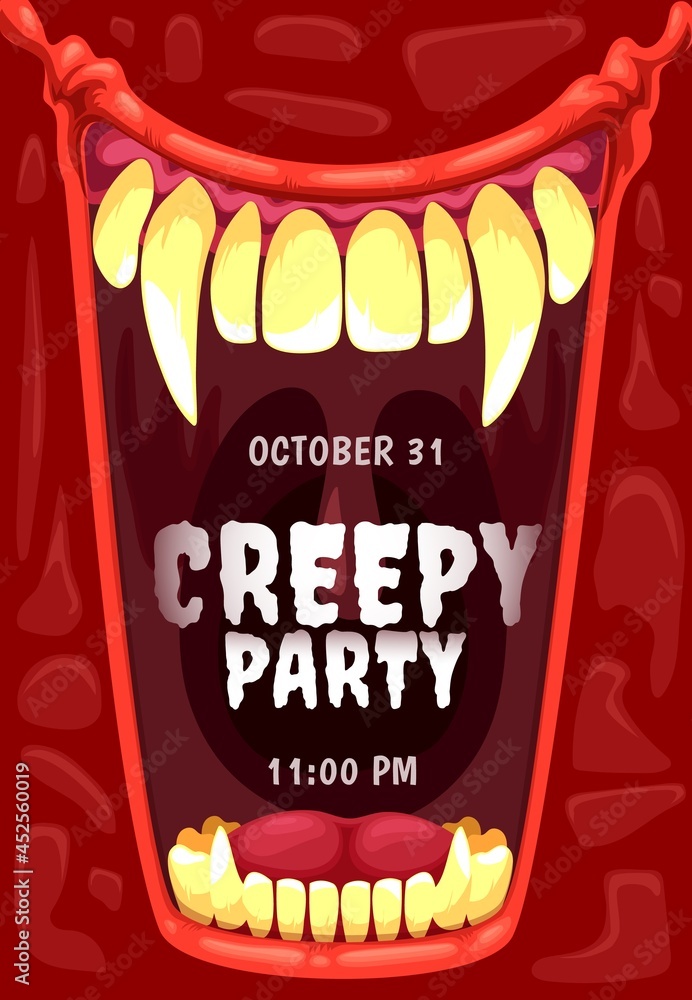 Wall mural Halloween horror party invitation with vampire mouth vector frame. Open jaws of creepy dracula monster, scary demon or devil with bloody red lips, sharp teeth, fangs, Halloween holiday poster design - Wall murals