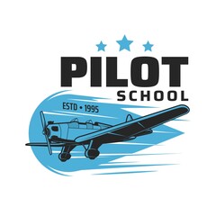 Pilot school vector icon with vintage plane or airplane flying in blue sky. Pilot flight courses, aviation school or academy isolated symbol design with retro light aircraft, propeller, wheels, wings